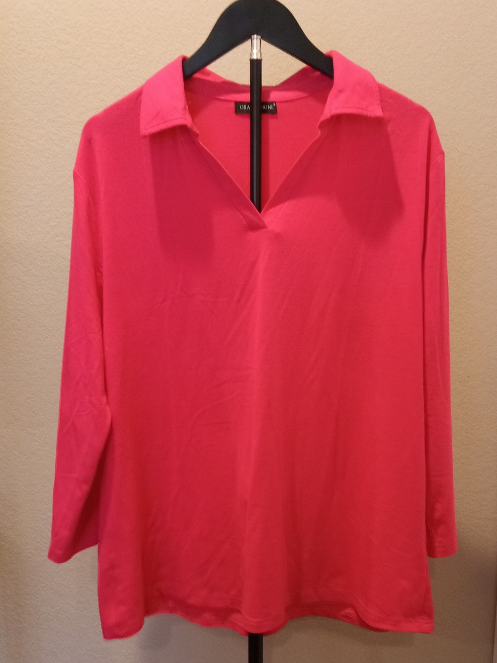 Orandesigne Hot Pink V-Neck Collared 3/4 Sleeve Top Women's Size XL